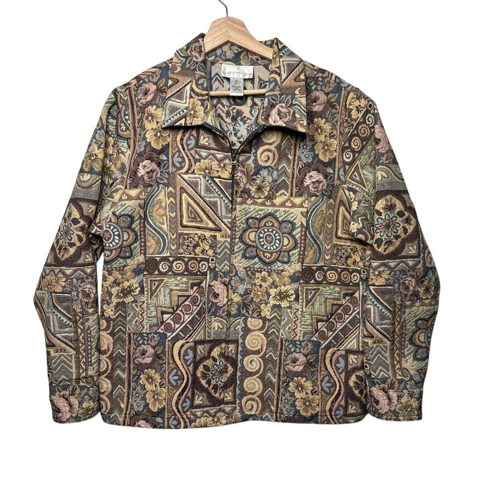 Susan Graver Tapestry Jacket Zip Front Jacquard Denim Cuff Floral Geometric 1X